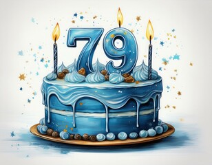 Illustration of decorated blue cake for birthday or anniversary party. Number 79, seventy-ninth birthday celebration