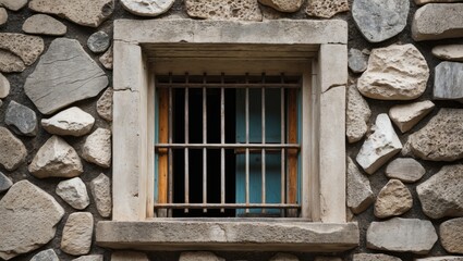 Vintage stone wall with barred window showcasing rustic architecture and texture in a historical setting.