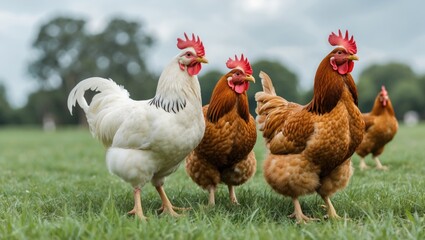 Fototapeta premium Charming scene of a white rooster and brown hens roaming on a lush green lawn, showcasing a vibrant farmyard atmosphere.