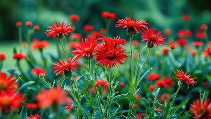 Vibrant Red Strawflowers Blooming in Lush Garden Setting with Space for Text Overlay in Asteraceae Family