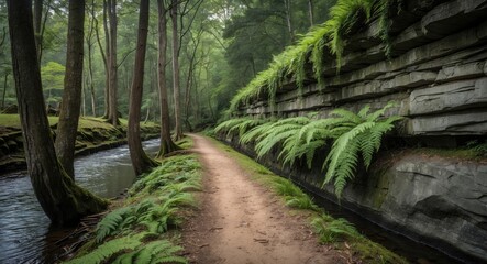 Fototapeta premium Serene Nature Trail Along a Stream Surrounded by Lush Ferns and Rocky Walls Ideal for Hiking and Outdoor Activities with Space for Text