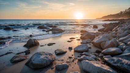 Serene Sunrise Over Rocky Beach Shoreline With Gentle Waves Creating Calming Atmosphere And Space For Adding Text Elements