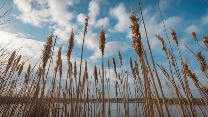 Obraz premium Winter Landscape of Tall Reeds Against Blue Sky with Clouds and Water Reflection Ideal for Text Overlay and Nature Themes