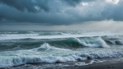 Fototapeta premium Dramatic Ocean Scene with Turbulent Waves Against a Dark Stormy Sky at the Coastline