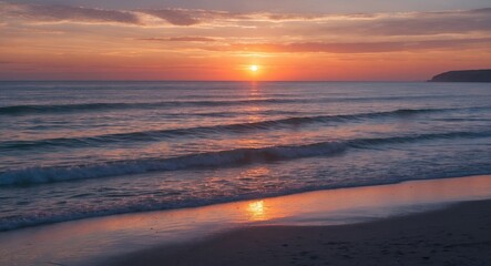 Tranquil Sunset Over Coastal Waters with Reflection and Space for Text Overlay