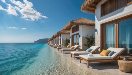 Fototapeta premium Stunning Seaside Bungalows with Loungers Overlooking Clear Blue Waters on a Sunny Summer Day