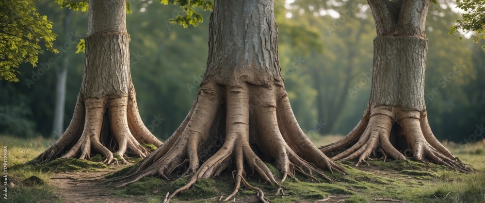 Poster three unique tree trunks growing from one root system against lush green background with space for t