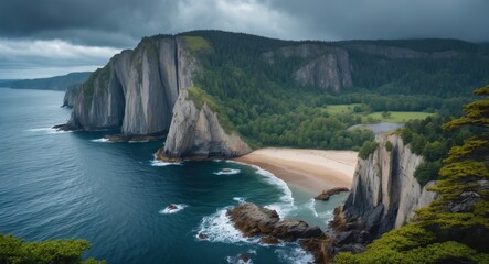 Cinematic Top View of Rocky Cliffs and Coastal Landscape with Green Forests on a Cloudy Day by the Ocean