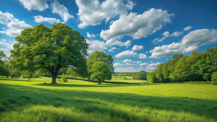 Lush summer landscape featuring vibrant green grass, majestic trees, and a beautiful blue sky adorned with fluffy clouds.