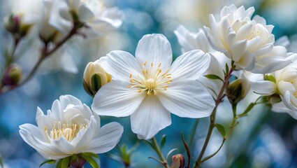 Obraz premium Delicate white flowers in bloom against a soft blue background showcasing their natural beauty and elegance in spring.