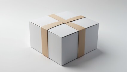 Blank white package box with a beige ribbon isolated on white background ideal for software and product packaging presentations.