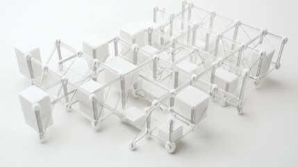 White abstract 3D structure, interconnected cubes, clean background, architectural model