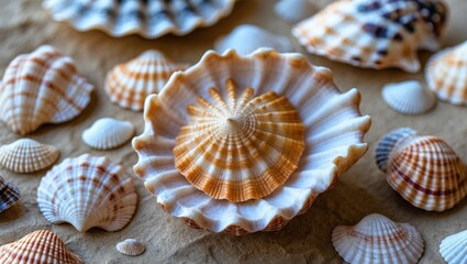 Obraz premium Seashell Display on Sandy Surface Ideal for Summer Promotions and Beach-Themed Designs
