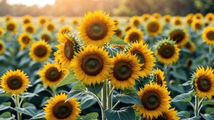 Fototapeta premium Vibrant Sunflower Field with Copy Space for Text Ideal for Presentations and Artistic Designs