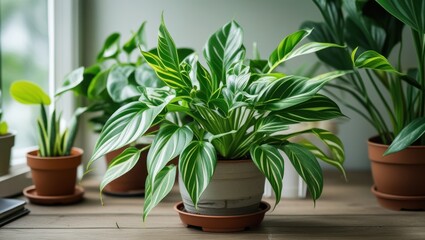 Obraz premium Vibrant Tradescantia Nanuk plant in a cozy indoor setting showcasing lush green foliage and stylish ceramic pot on wooden table.