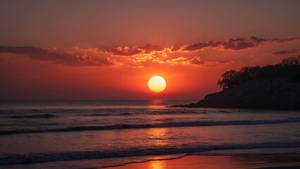 Obraz premium Serene Sunset Over Calm Ocean Waves with Warm Twilight Colors and Silhouette of Trees on Shoreline