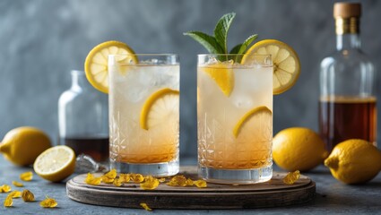 Fototapeta premium Boozy Refreshing Cocktail With Orgeat And Lemon Slices On Wooden Tray With Copy Space For Text Use