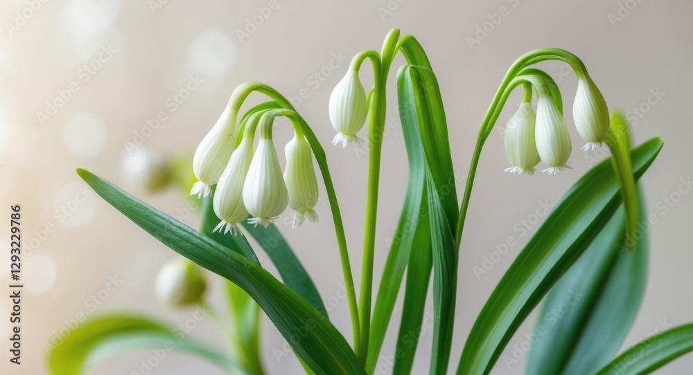 Poster delicate wild garlic flowers with soft bokeh background and ample empty space for text overlay in a 