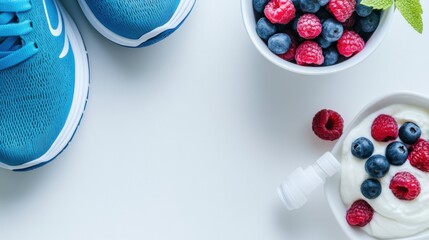Obesity drug beside a bowl of yogurt and berries with a pair of running shoes. Featuring fitness and healthy eating