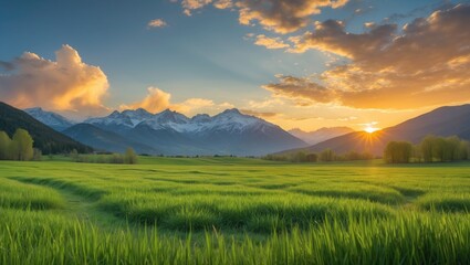 Fototapeta premium Idyllic spring landscape featuring lush green meadows and majestic mountains bathed in golden sunset hues, creating a serene nature scene.