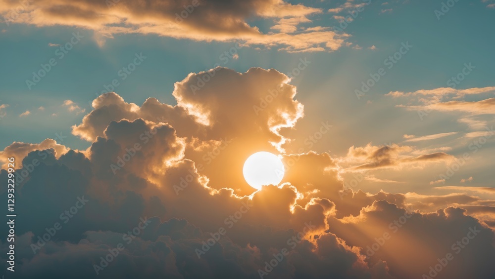 Wall mural dramatic sunset with sun rays emerging through fluffy clouds creating a serene and captivating sky l
