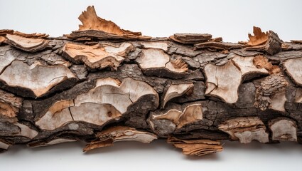 Detailed texture of tree bark showcasing natural patterns and coloration isolated on a white background for artistic or design purposes.