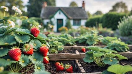 Strawberry plants thriving in rustic garden beds with charming cottage backdrop showcasing organic gardening and country lifestyle.