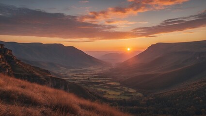 Obraz premium Stunning Sunset Over Serene Valley Landscape with Copy Space for Text and Dramatic Sky Illumination