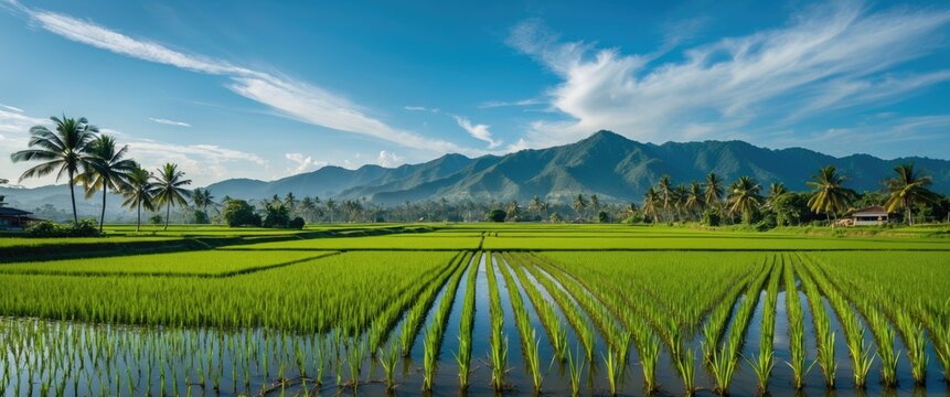 Lush green rice fields with mountains under a clear blue sky providing ample space for text and creative design elements.