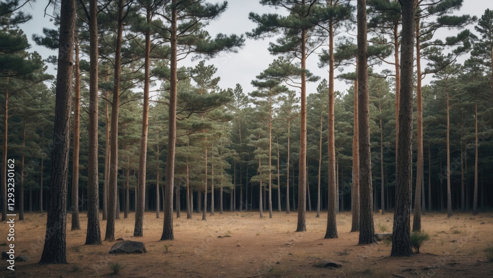 Poster pine forest landscape with tall trees creating a serene atmosphere and ample empty space for adding 