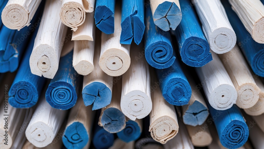 Poster textured background of rolled blue and white sticks creating a visually appealing abstract pattern f