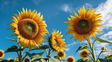 Fototapeta premium Vibrant sunflowers under a clear blue sky showcasing nature's beauty and the essence of summer in a picturesque landscape.
