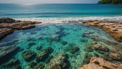 Fototapeta premium Calm Stone Reef Beach with Crystal Clear Water Ideal for Natural Theme Decoration and Scenic Coastal Imagery