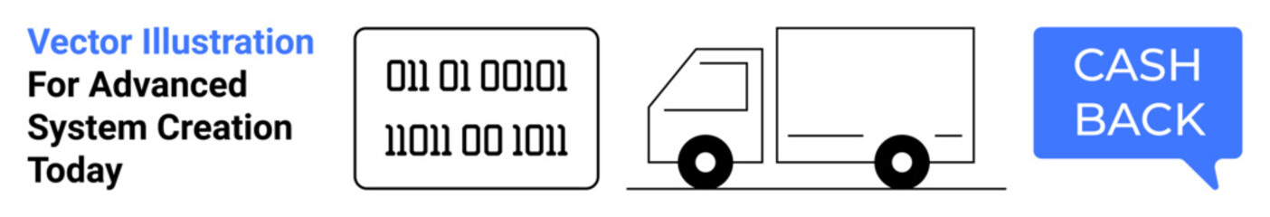 Binary code numbers, a delivery truck, and a cashback badge emphasize digital systems, logistics, and incentives. Ideal for e-commerce, tech solutions, automation, supply chain rewards fintech
