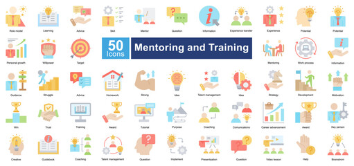 Mentoring and Training icon set in Flat Color style, representing learning, coaching, leadership, and career growth. Perfect for education, corporate training, and professional development.