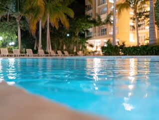 Luxury resort pool at night, illuminated by warm golden lights and surrounded by palm trees