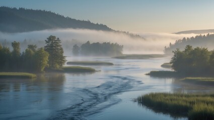 Fototapeta premium Morning Mist Over River and Islands in Serene Wilderness Landscape with Lush Greenery and Calm Water Reflections