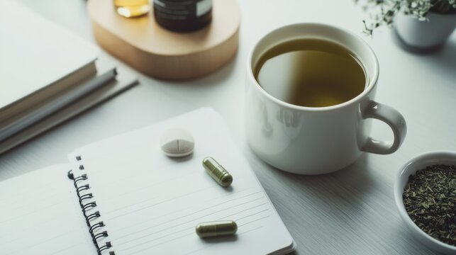 Obesity drug beside a cup of green tea and a fitness journal on a desk. Featuring wellness and fitness