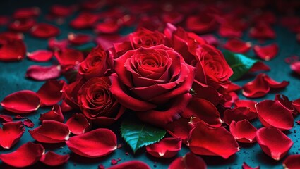 Naklejka premium Vibrant red rose petals and blooms creating a romantic and elegant floral background for celebrations and special occasions