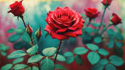 Vibrant red roses blooming in a colorful garden setting showcasing nature's beauty and elegance. Perfect for floral themes and romantic designs.