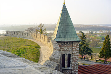 Landscape from Belgrade Fortress taken at sunset: illuminated by the rays of the sun medieval...