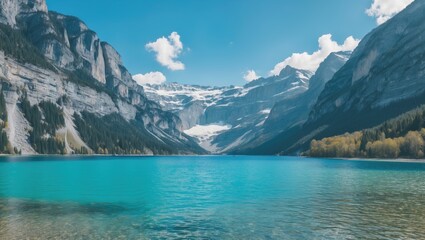 Turquoise Blue Montrebei Lake Surrounded by Majestic Mountains Under a Clear Sky with Space for Text