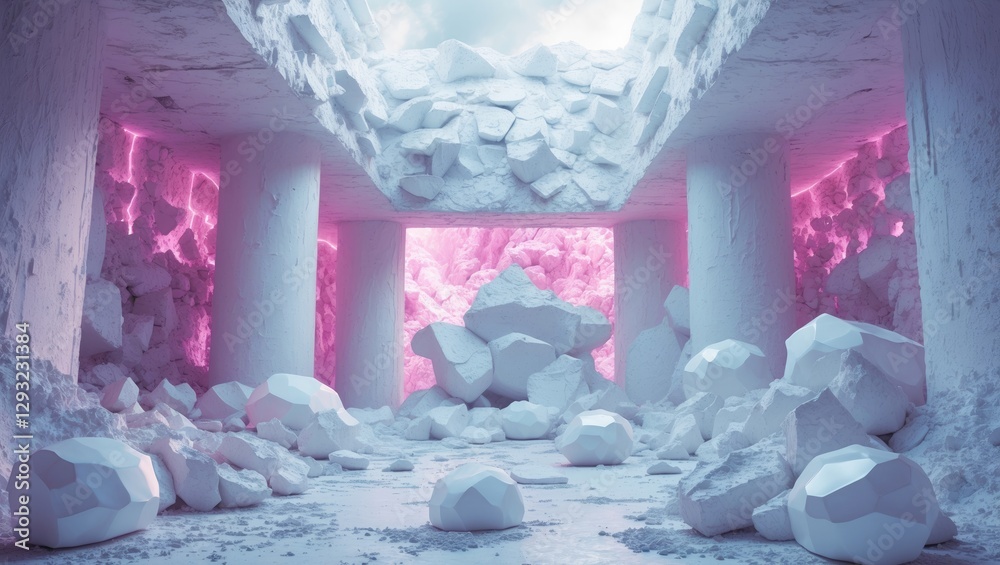 Wall mural abstract white stone architecture with illuminated walls and textured surfaces creating a surreal, m