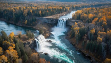 Fototapeta premium Majestic Aerial View of Cascading Waterfalls on a Serene River Surrounded by Autumn Foliage in a National Forest Landscape