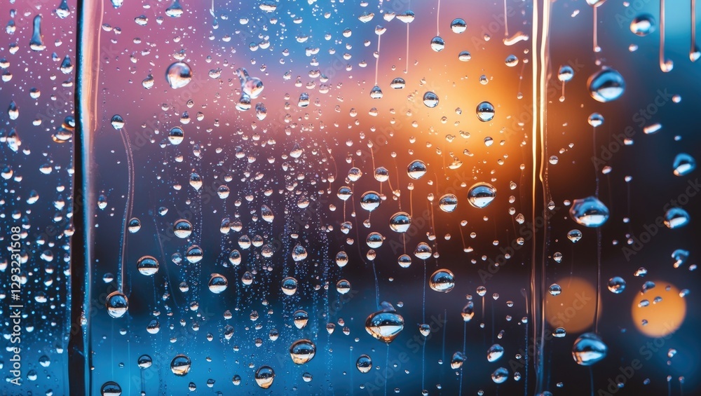 Wall mural abstract close-up of condensation droplets on a window pane with vibrant background colors creating 