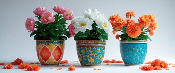 Obraz premium Colorful ceramic flowerpots with vibrant flowers and intricate patterns arranged tastefully on a white background for decorative purposes.