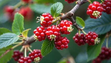 Vibrant Red Mulberry Berries with Green Leaves on a Branch Against a Blurred Background in Natural Light