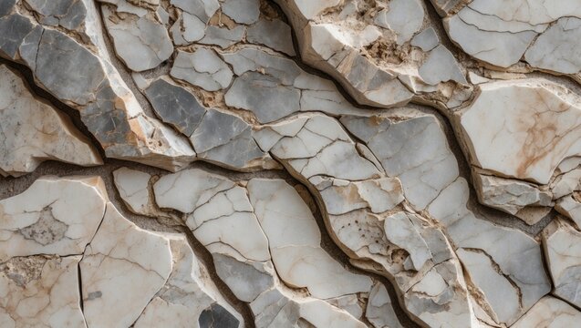 Close up of weathered natural marble stone showcasing intricate cracked patterns and smooth polished textures in a unique abstract design.