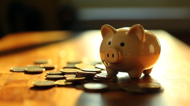 Piggy bank surrounded by scattered coins symbolizes saving and financial growth.