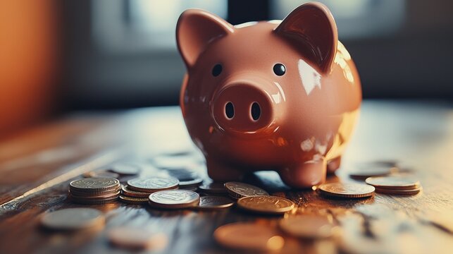 Piggy bank surrounded by scattered coins symbolizes saving and financial growth.